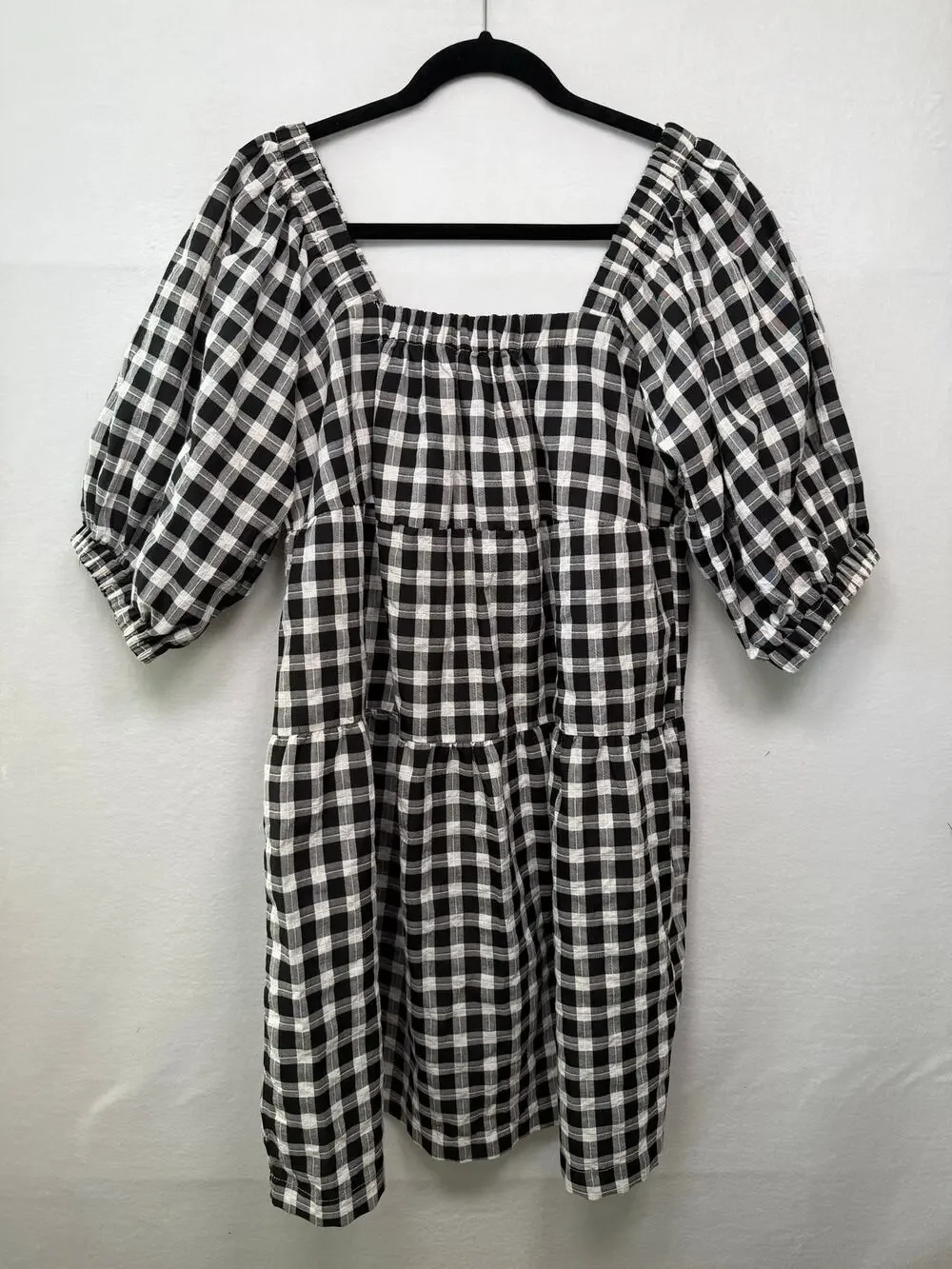 Aaron & Amber Black/White Gingham Puff Sleeve Square Neck Tiered Dress, Size L